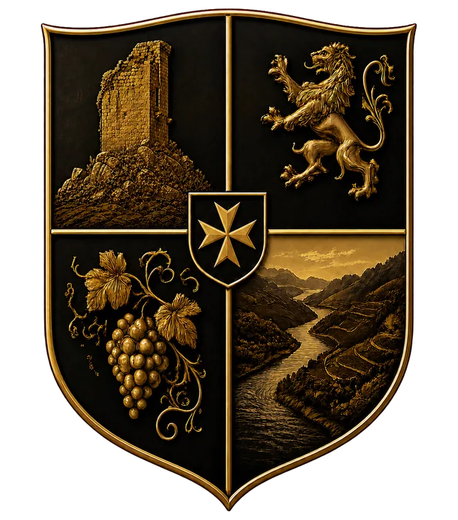 Contemporary Álvarez emblem with the Torre de Sande, lion, grapevine, river valley and Maltese cross of Castrelo de Miño