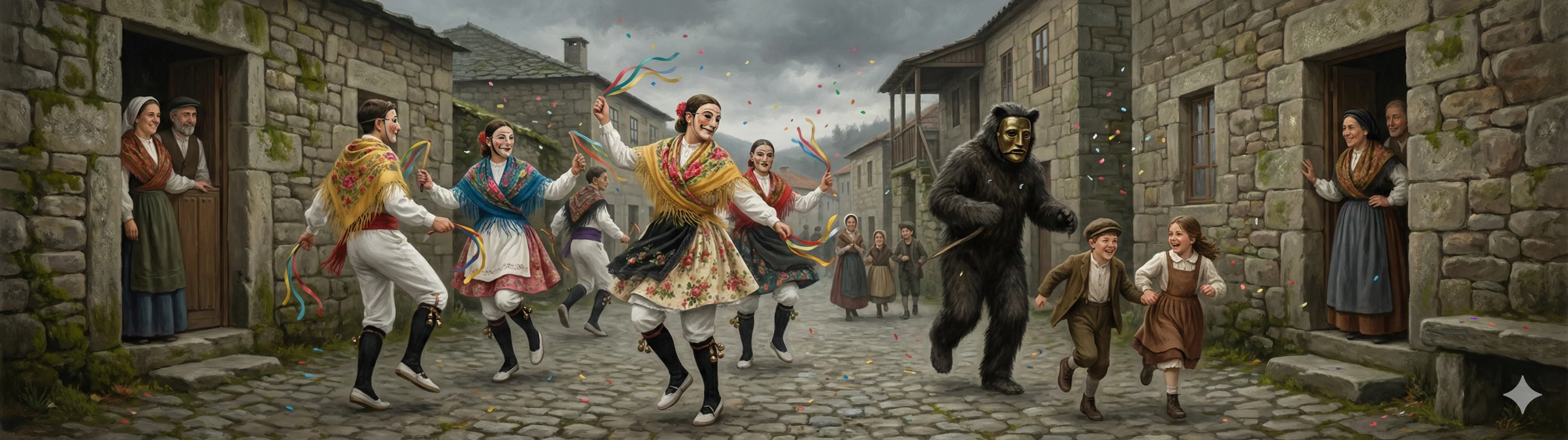 As Bonitas carnival figures in Manila shawls at the Entroido de Sande