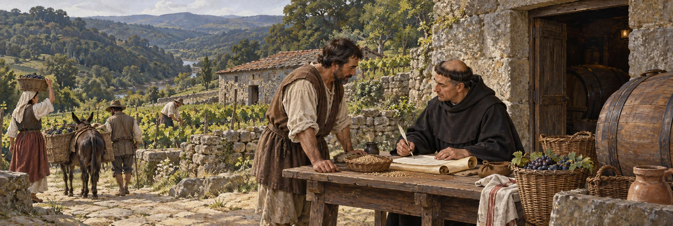 Imagined medieval monastic estate with a cleric and tenants discussing produce