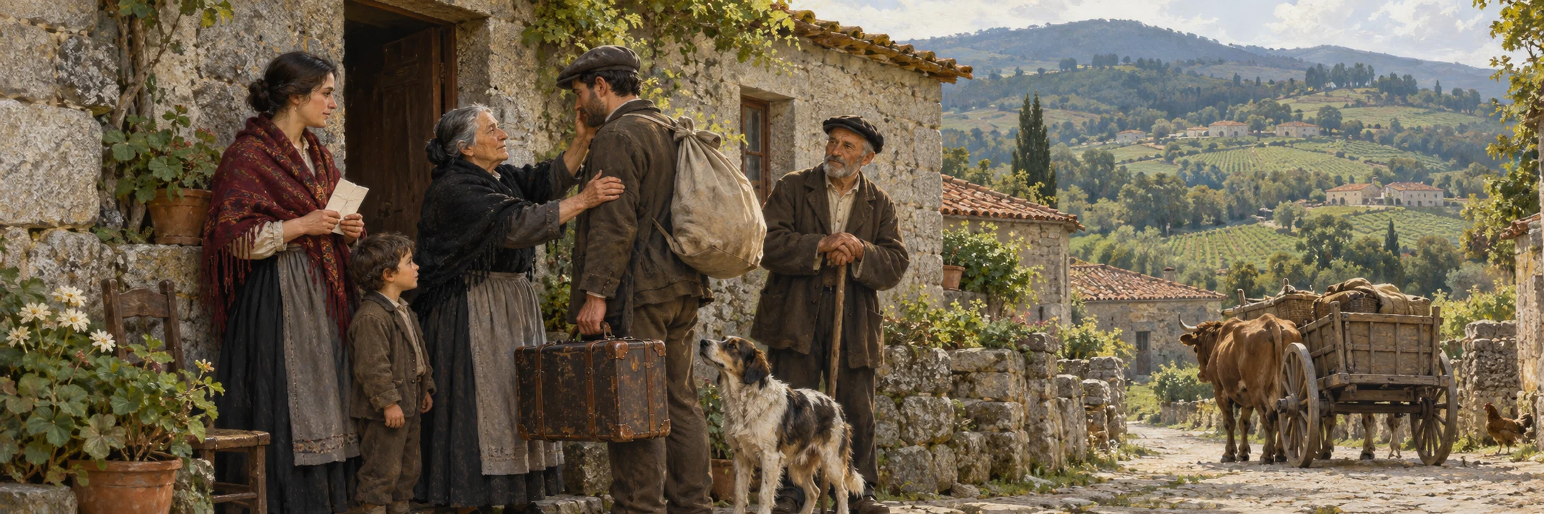 Imagined emigrants saying goodbye to their family in an inland Galician village