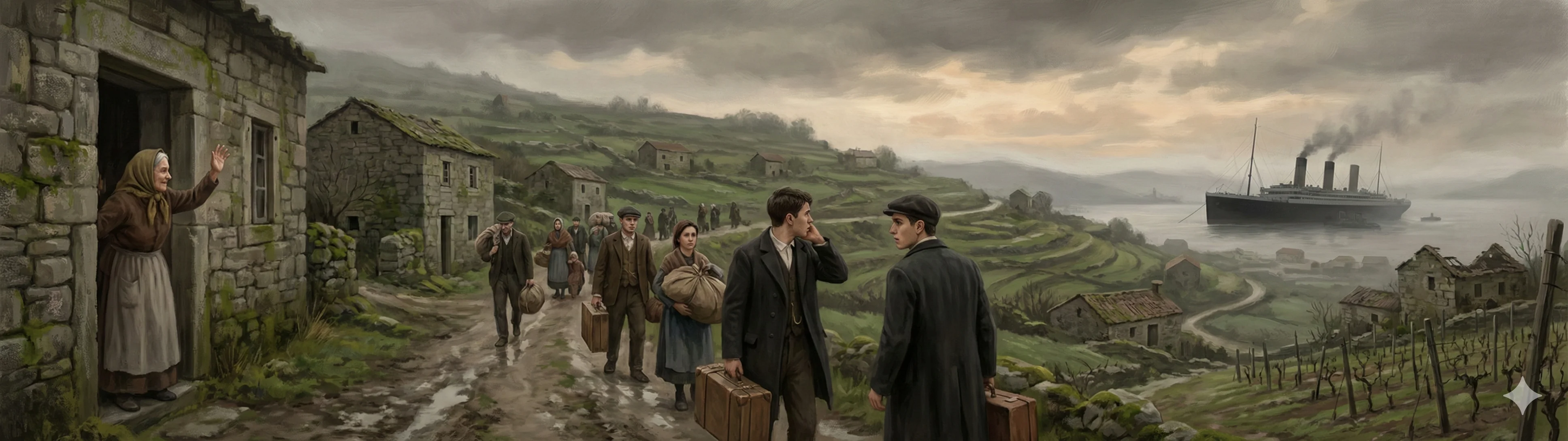 Galician families departing their village for the Americas