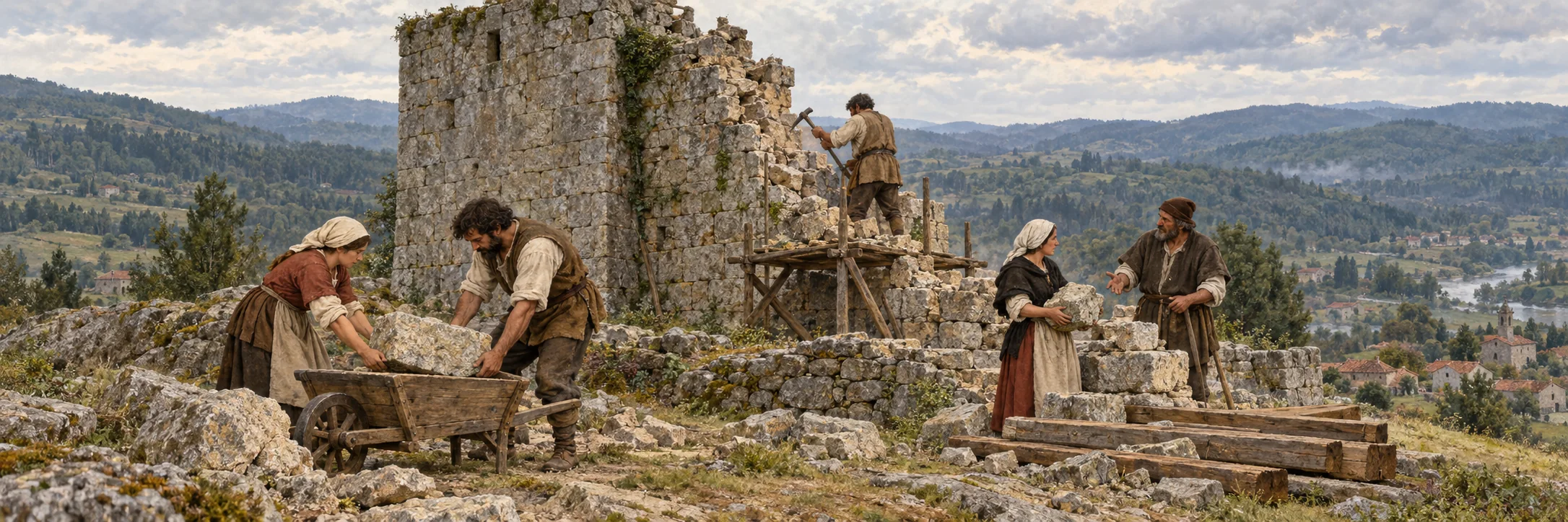 Imagined late-medieval townspeople dismantling part of a modest stone tower, with tools and recovered stones