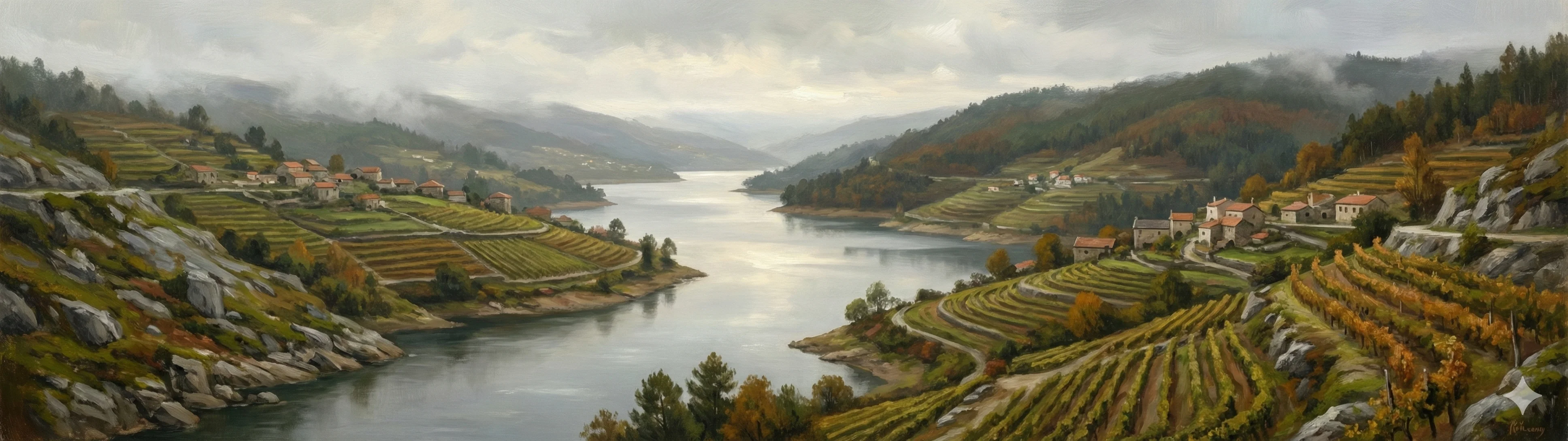Castrelo de Miño reservoir and terraced vineyards along the Miño
