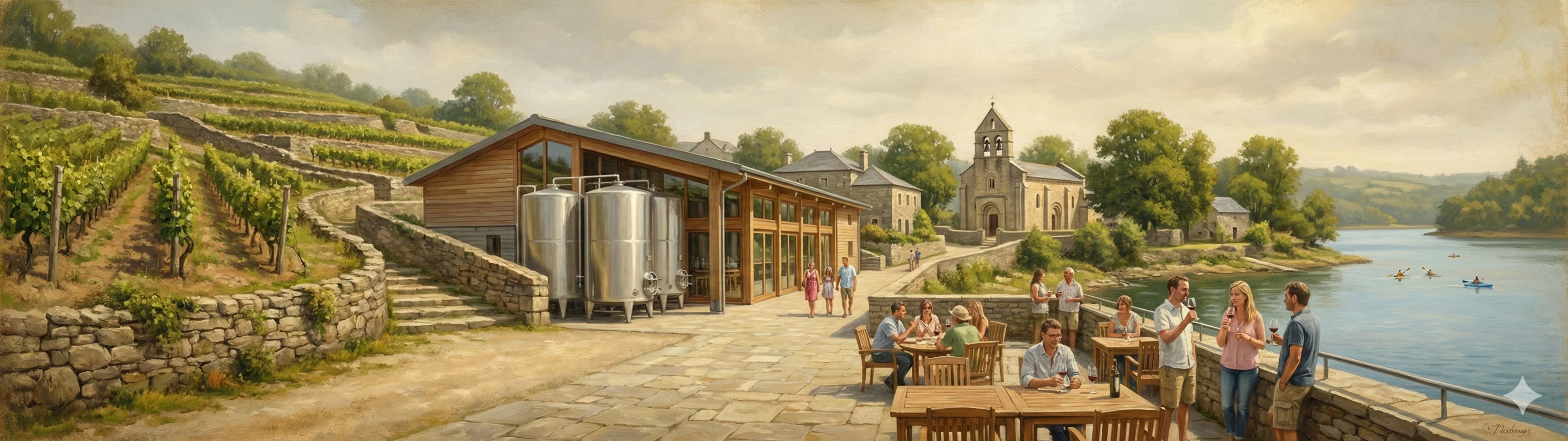 Modern Castrelo de Miño with winery and reservoir