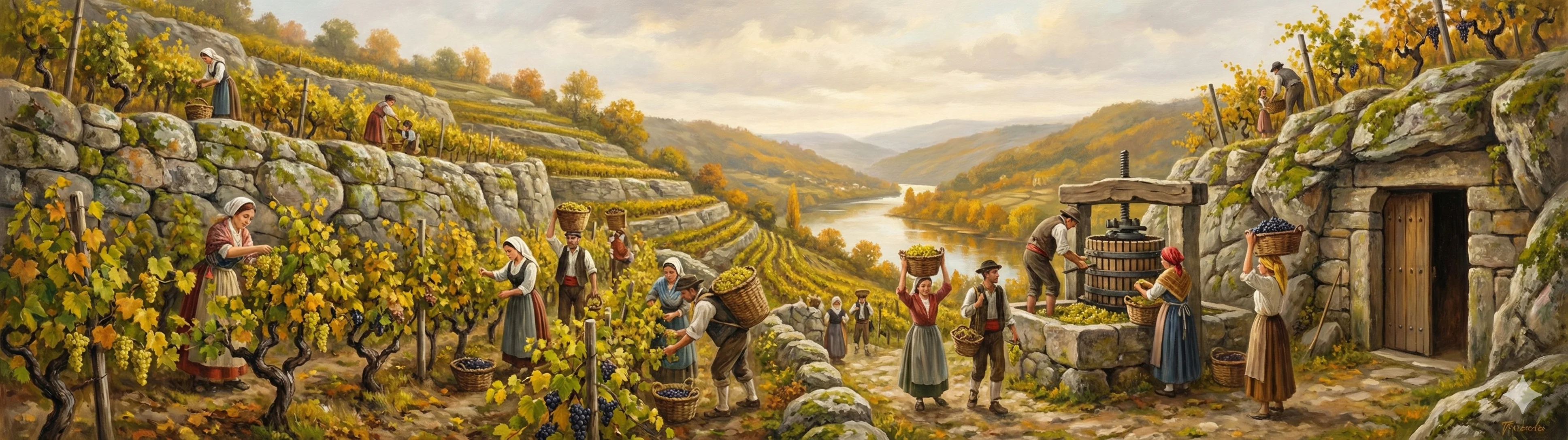 Grape harvest in the historic terraced vineyards of Castrelo