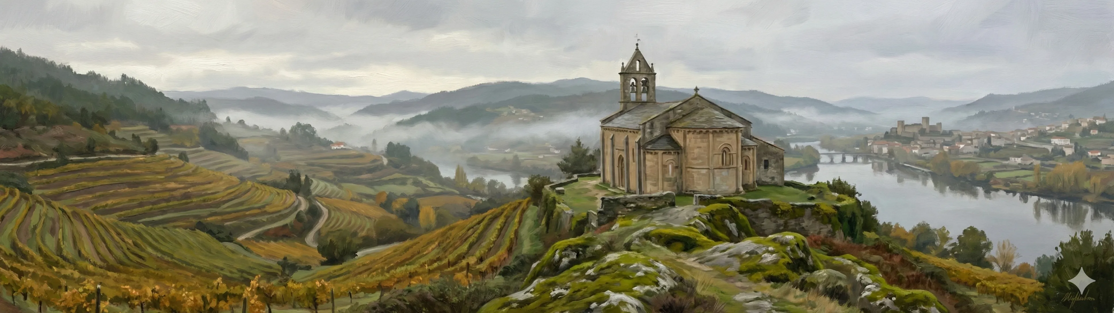 The Romanesque apse of the church of Santa María de Castrelo de Miño overlooking the Miño river valley and the vineyards of the Ribeiro