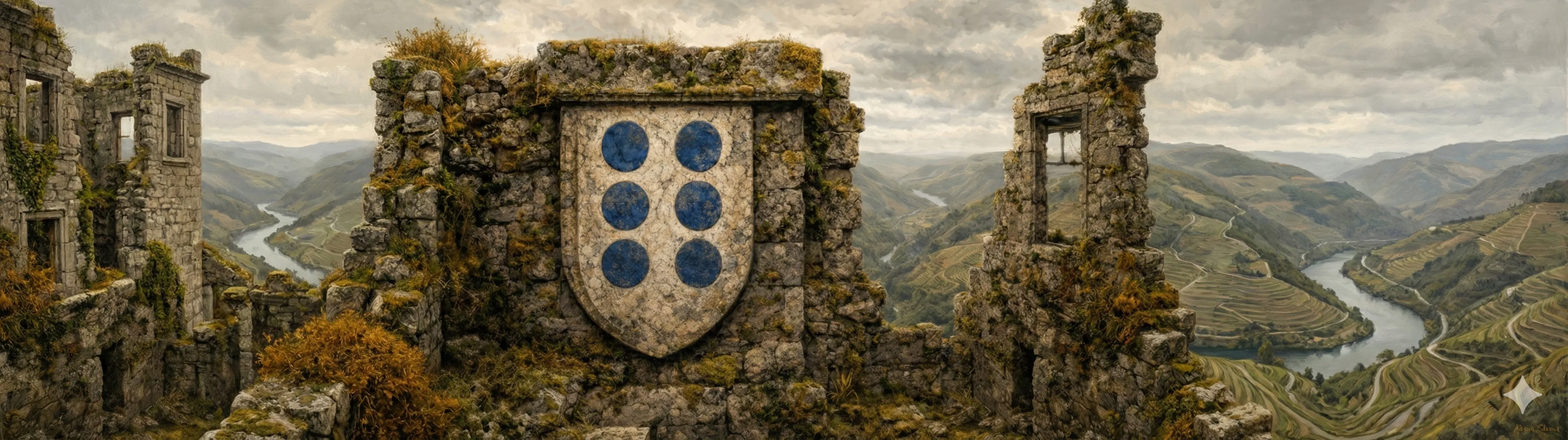 A medieval stone carving of the Castro coat of arms with six blue roundels on a silver field