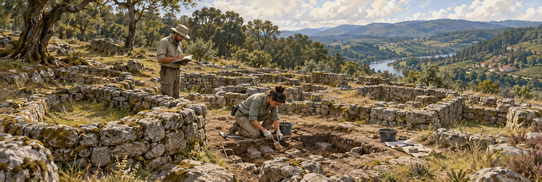 Interpretive scene of present-day archaeologists studying low castro foundations