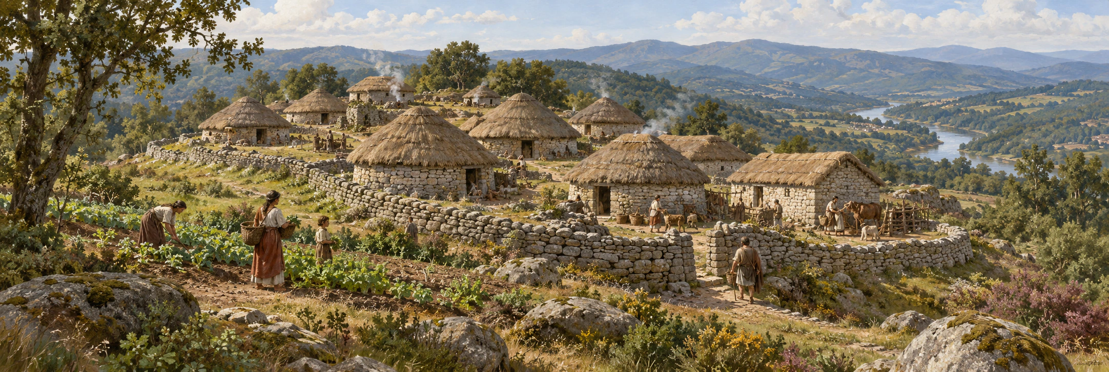 Interpretive panorama of a modest Iron Age settlement in a wooded valley