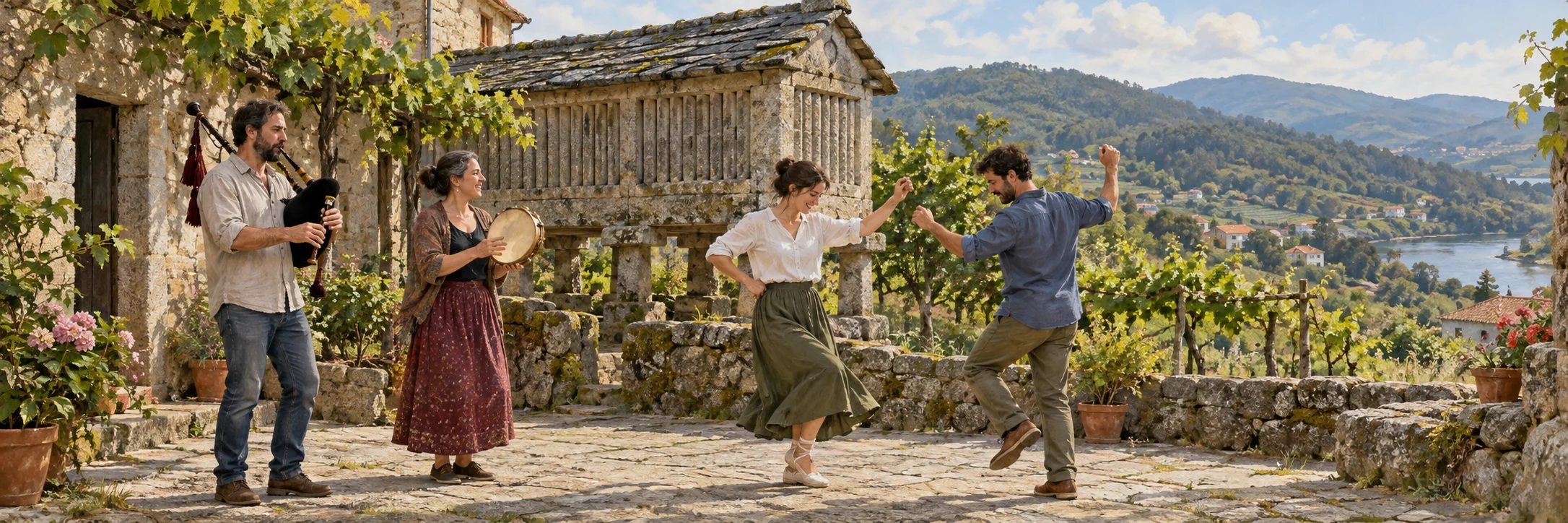 Interpretive present-day scene of Galician musicians and neighbours dancing beside a raised granary
