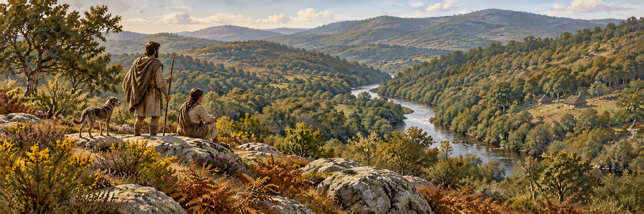 Interpretive landscape of wooded Galician river valleys and small ancient dwellings