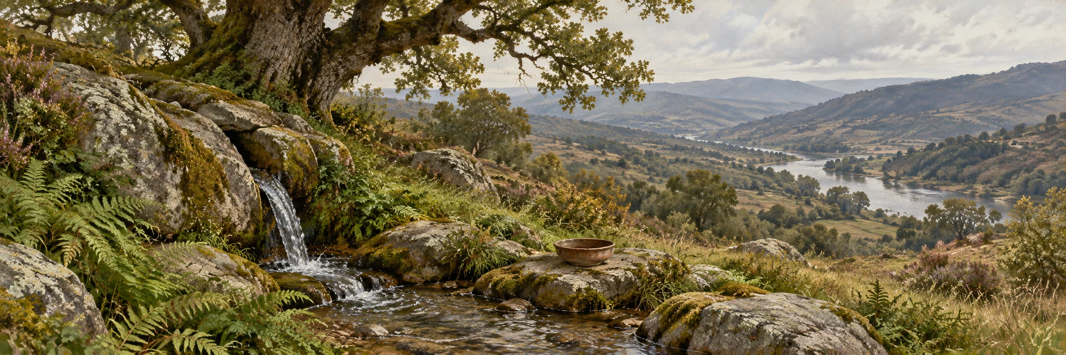 Interpretive landscape of a natural spring, oak and Galician river valley