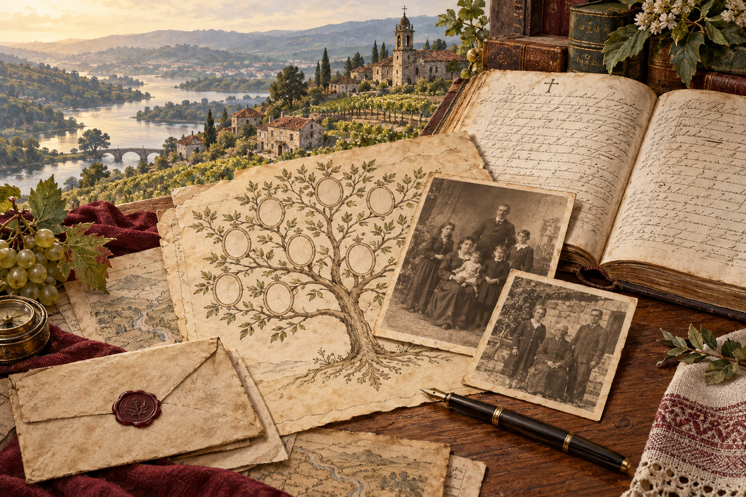 Ilustración de un árbol familiar, fotografías antiguas y un libro parroquial junto a un valle fluvial gallego