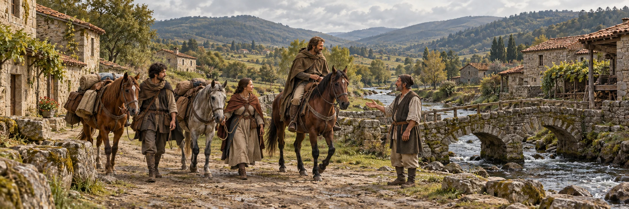 Interpretive scene of anonymous medieval travellers arriving at a modest rural crossing