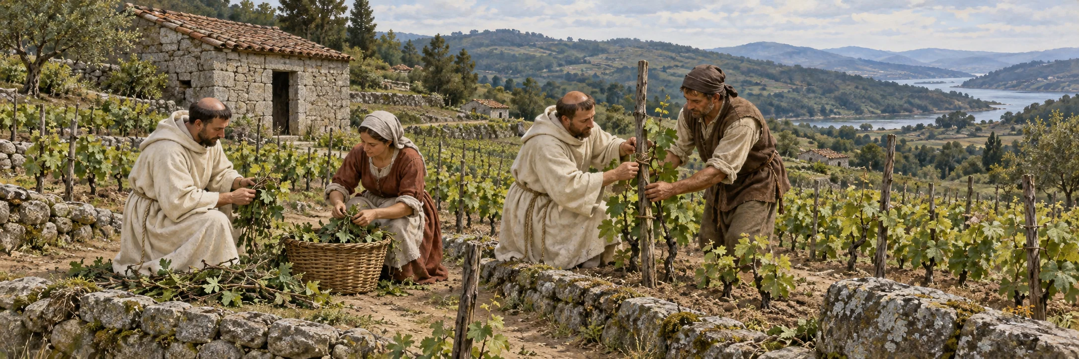 Interpretive scene of medieval monks and a household tending modest vineyard plots