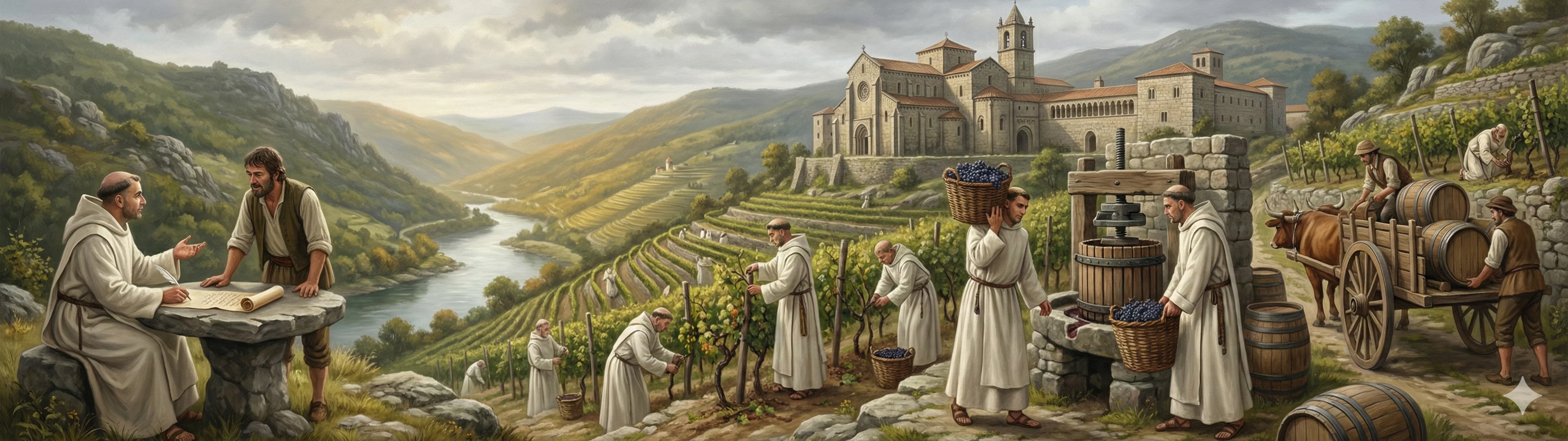 Cistercian monks tending vineyards in the Ribeiro river valleys