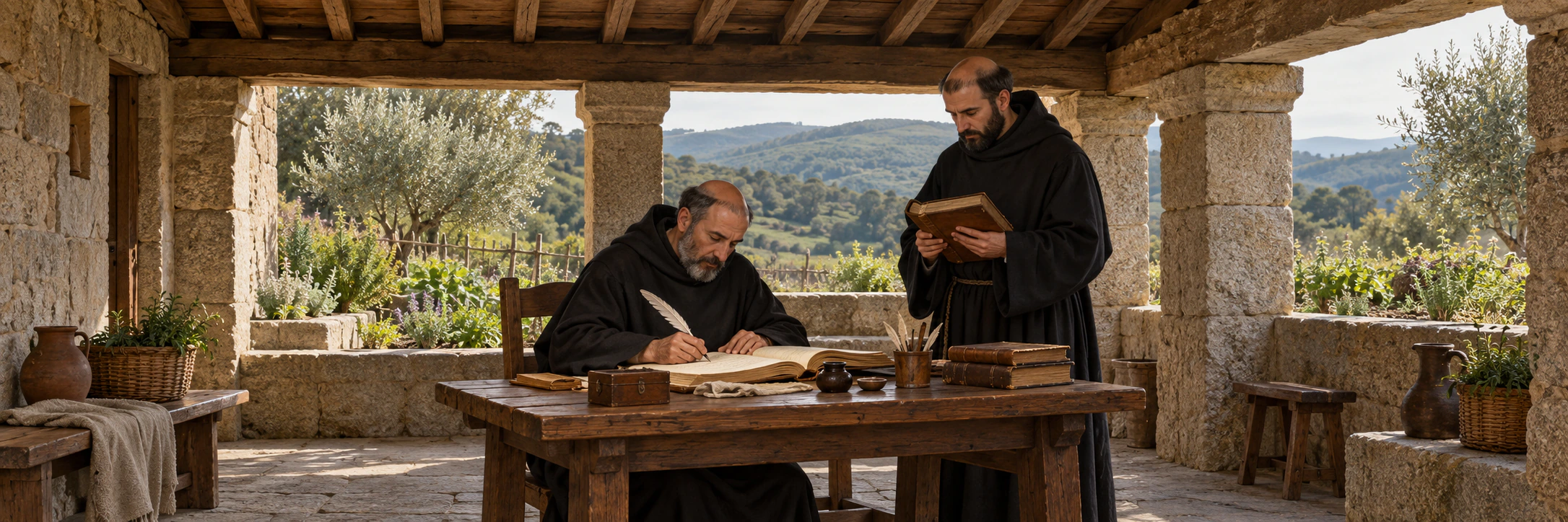 Interpretive scene of medieval monastic manuscript work