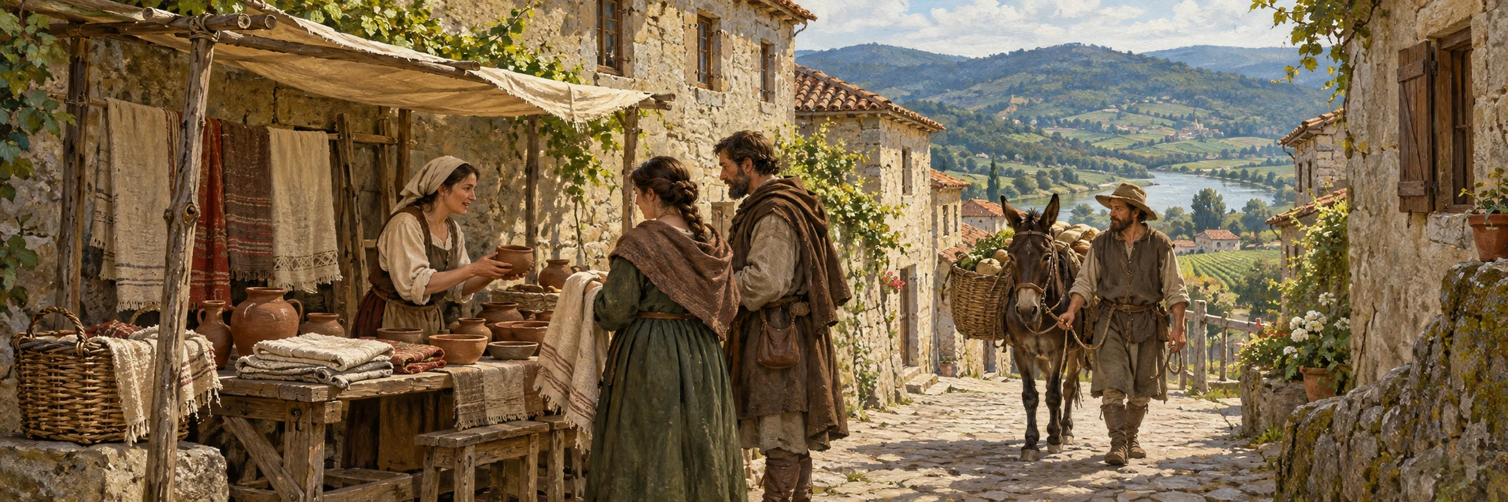Interpretive scene of everyday pottery and cloth exchange in a medieval market lane