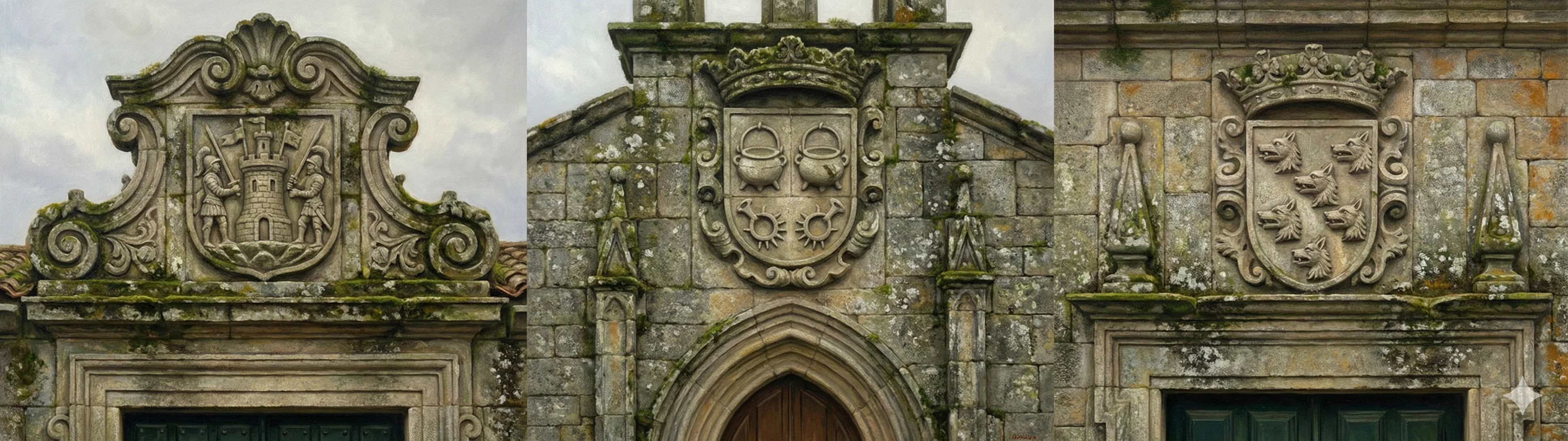 Three stone coats of arms of the Armada, Puga, and Mosquera families carved on church and pazo facades in the Ribeiro