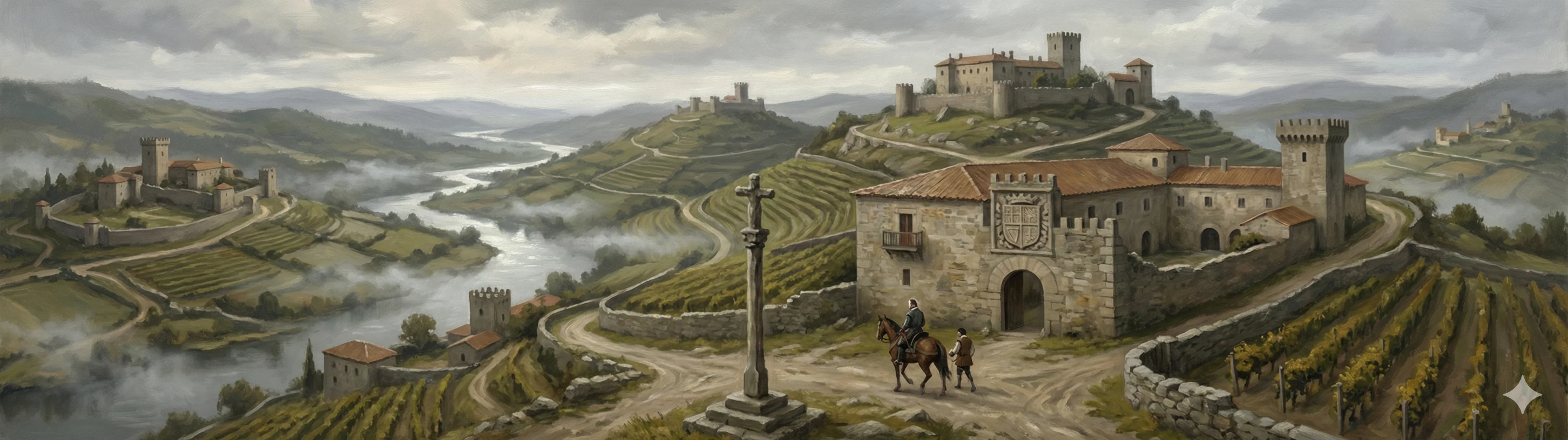 The vineyards and fortified towers of the Ribeiro valley in Ourense, with the pazos of the lesser Galician nobility dotting the landscape