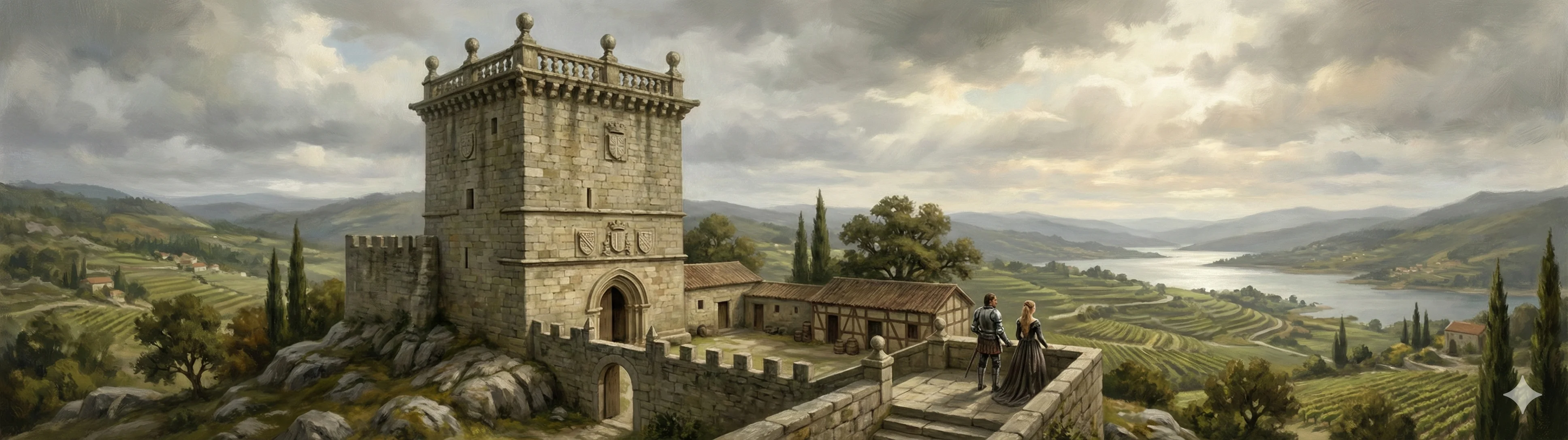 The Torre de Puga on a granite outcrop above the Miño valley with its defensive walls and baroque pinnacles