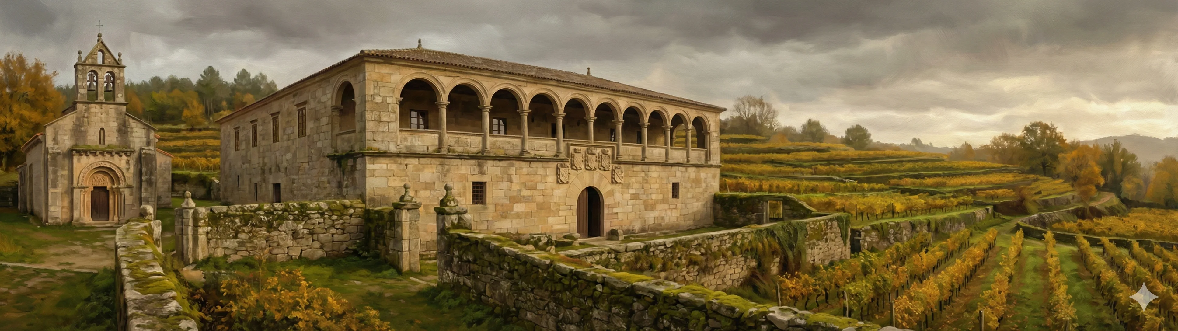 The Pazo dos Feixóo in Pazos de Arenteiro with its solaina of semicircular arches and heraldic shields, surrounded by Ribeiro vineyards
