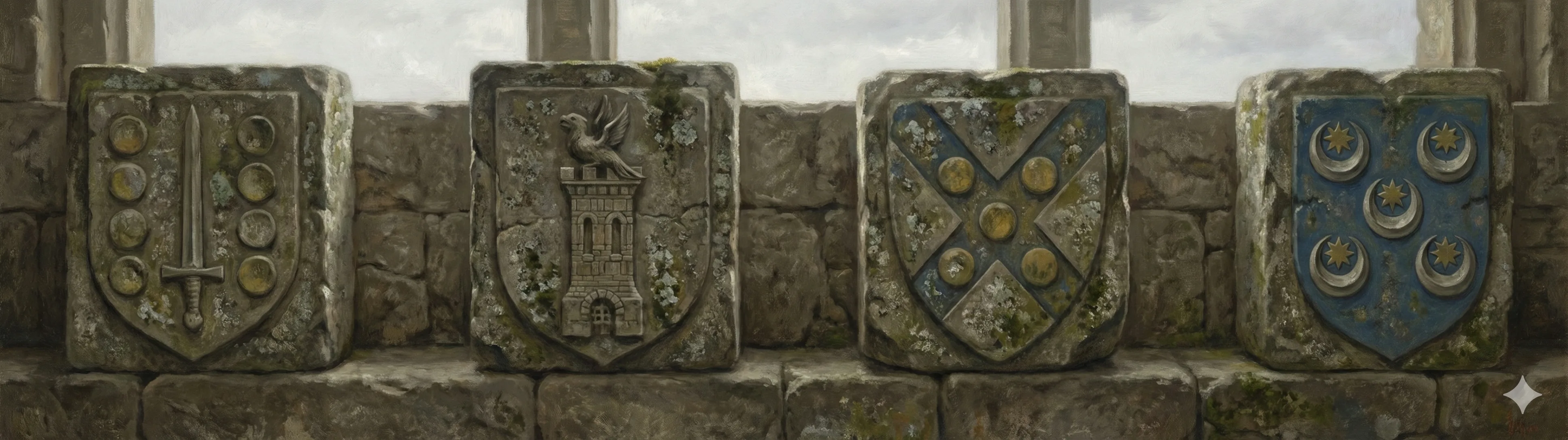 Four stone coats of arms of the Feijóo, Noboa, Araújo, and Villamarín families carved on church and pazo facades in the Ribeiro