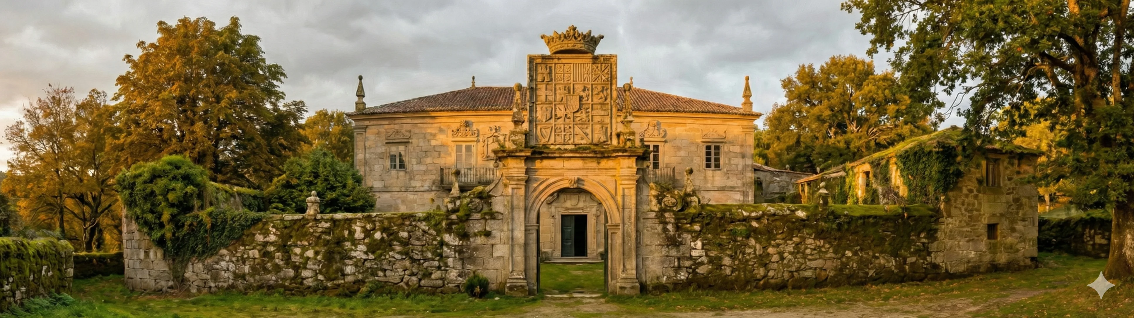 The Casa Grande de Merens in Cortegada with its monumental eighteen-quarter heraldic shield, the largest in Galicia