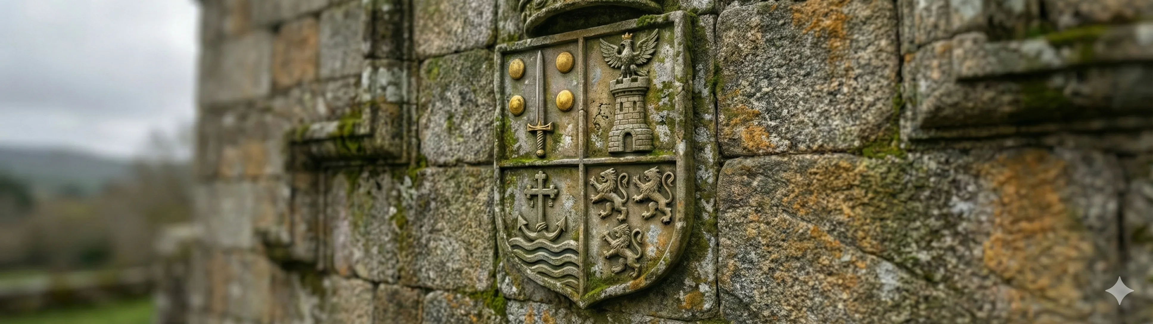 Quartered coats of arms carved in granite on the facade of a pazo in the Ribeiro valley, showing the interlocking alliances of four noble families