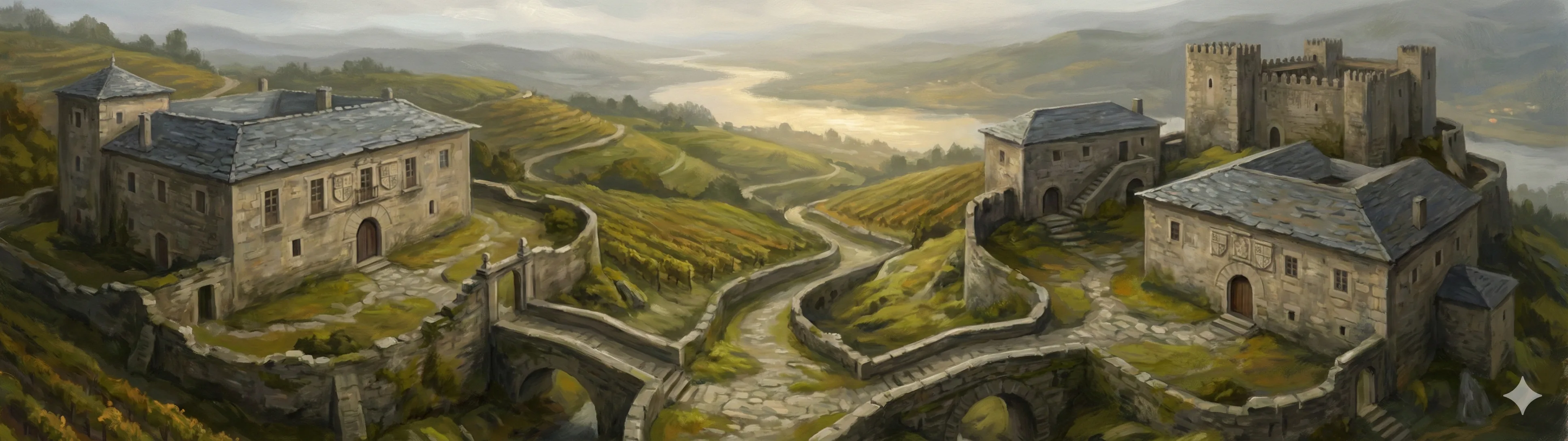 The vineyard-covered hills of the Ribeiro valley with noble pazos and fortified towers dotting the landscape of Ourense