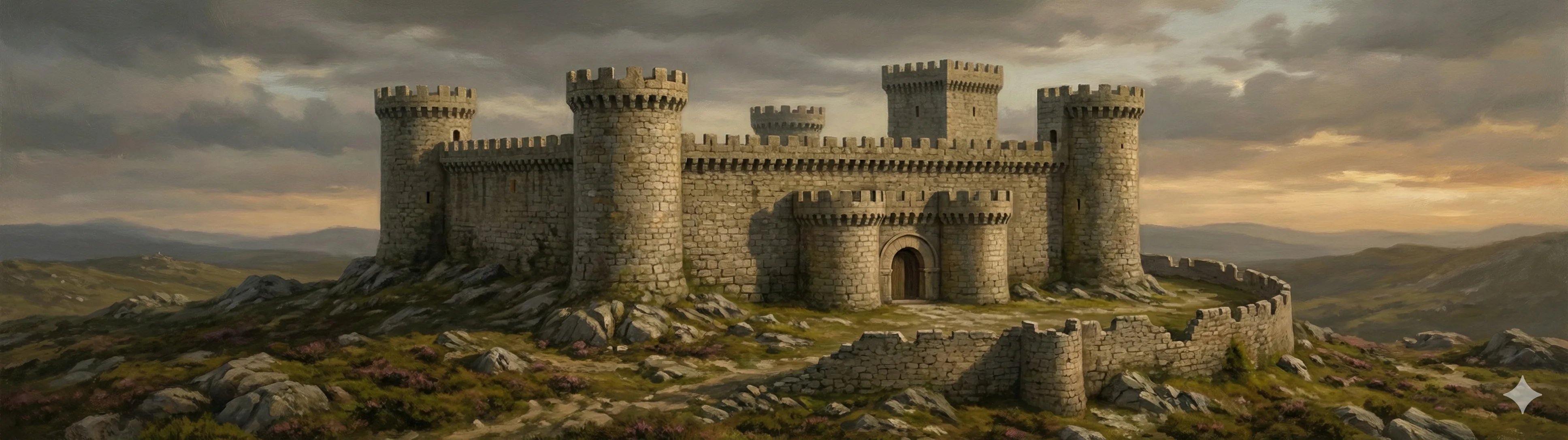 The Pazo-Fortaleza de Vilamarín with its five crenellated towers and hexagonal granite walls rising from a rocky formation