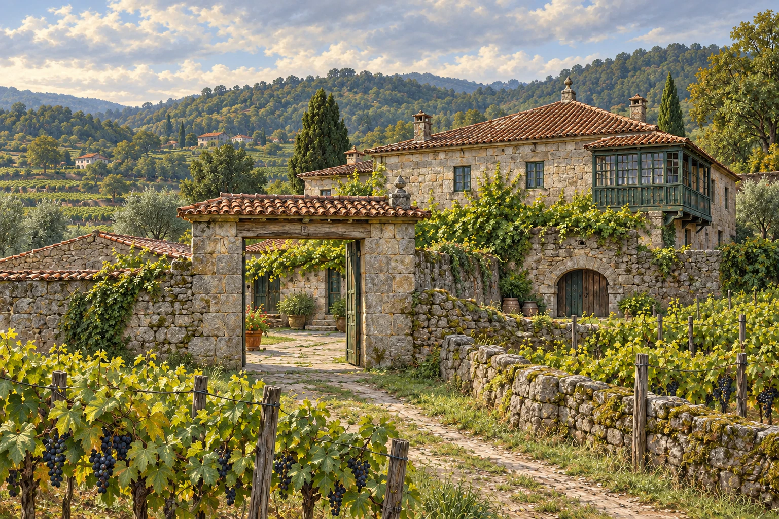 Interpretive painting of a Galician granite manor, stone gateway and vineyards