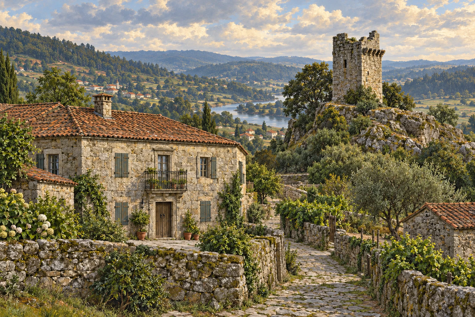 Interpretive painting bringing a granite family residence and a ruined stone tower into one Galician landscape