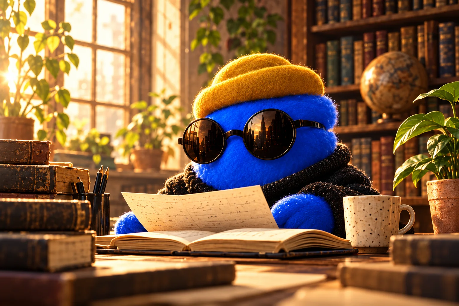 Leon examining an archival document in a sunlit library