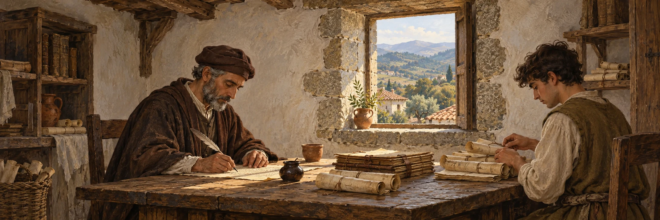 Interpretive scene of anonymous Iberian scholars working with records beside a daylight window