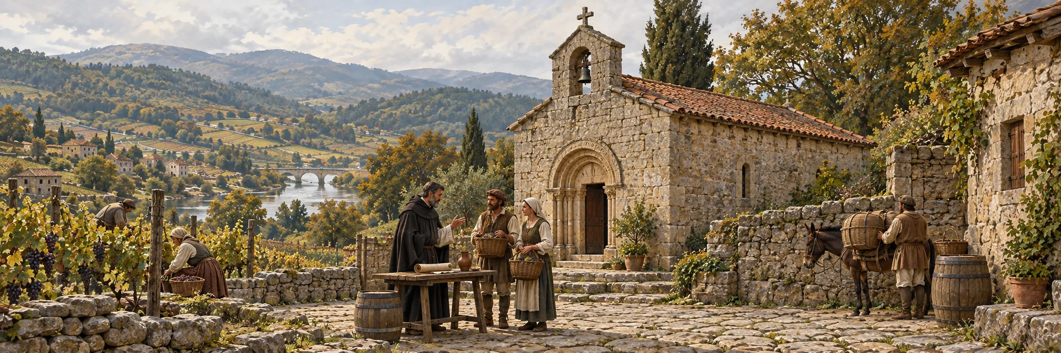 Interpretive scene of a modest rural Romanesque church and agricultural community in medieval Galicia