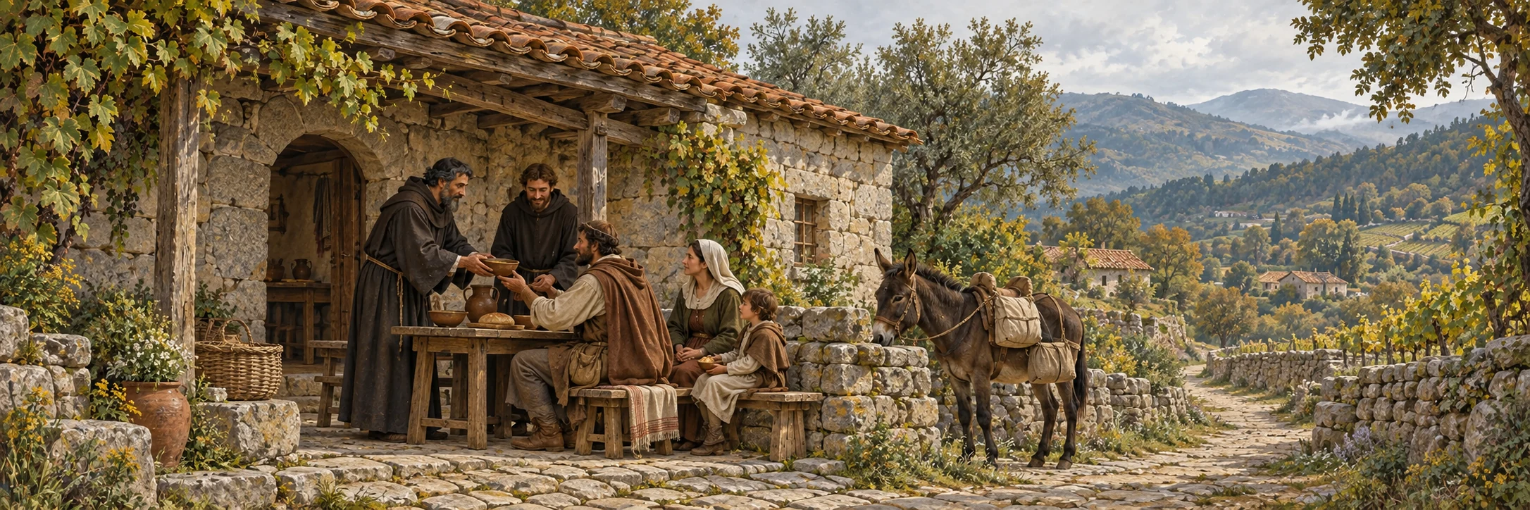 Interpretive scene of medieval hospitality offered to travellers at a modest granite house