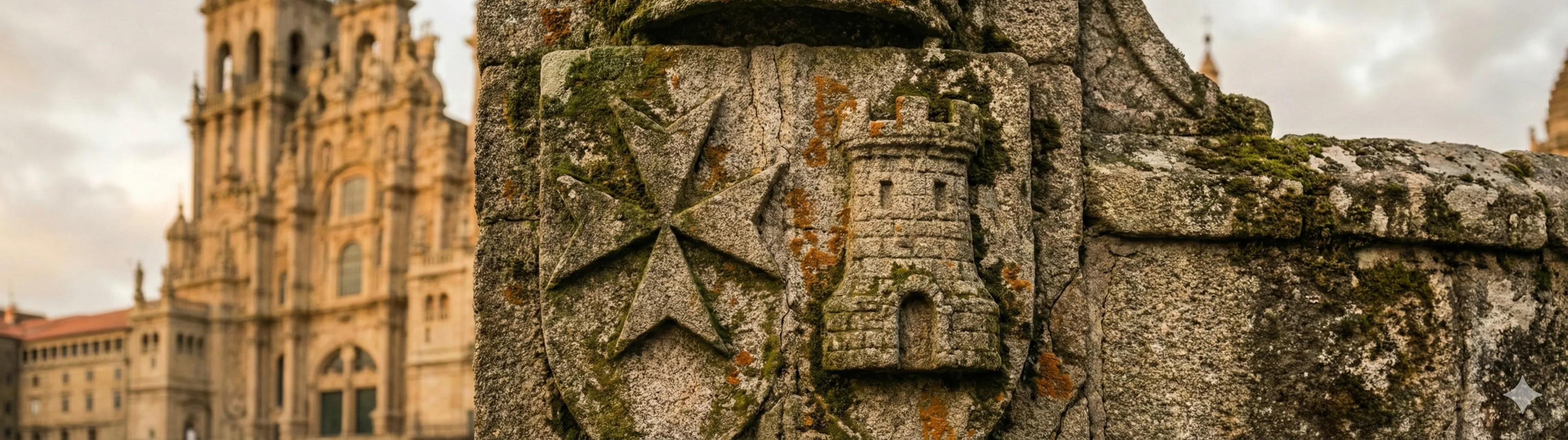 The Maltese cross carved in stone on the coat of arms of Castrelo de Miño