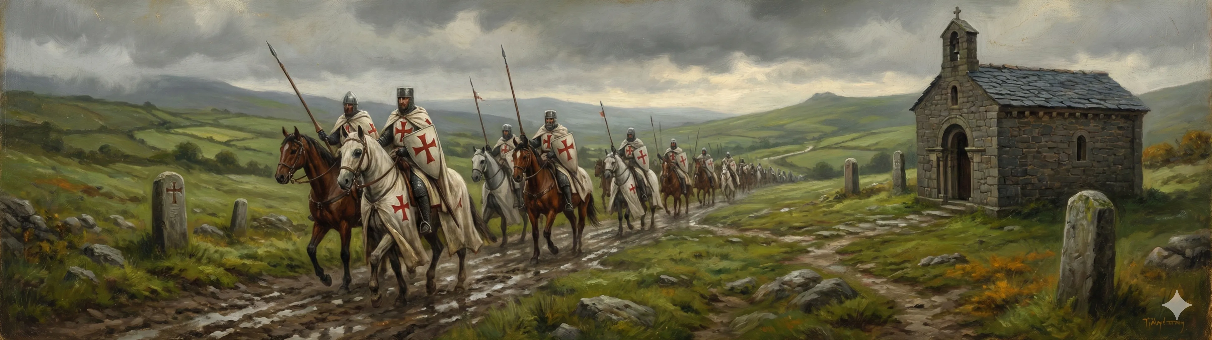 Knights Templar riding through the Galician countryside on the road to Santiago de Compostela