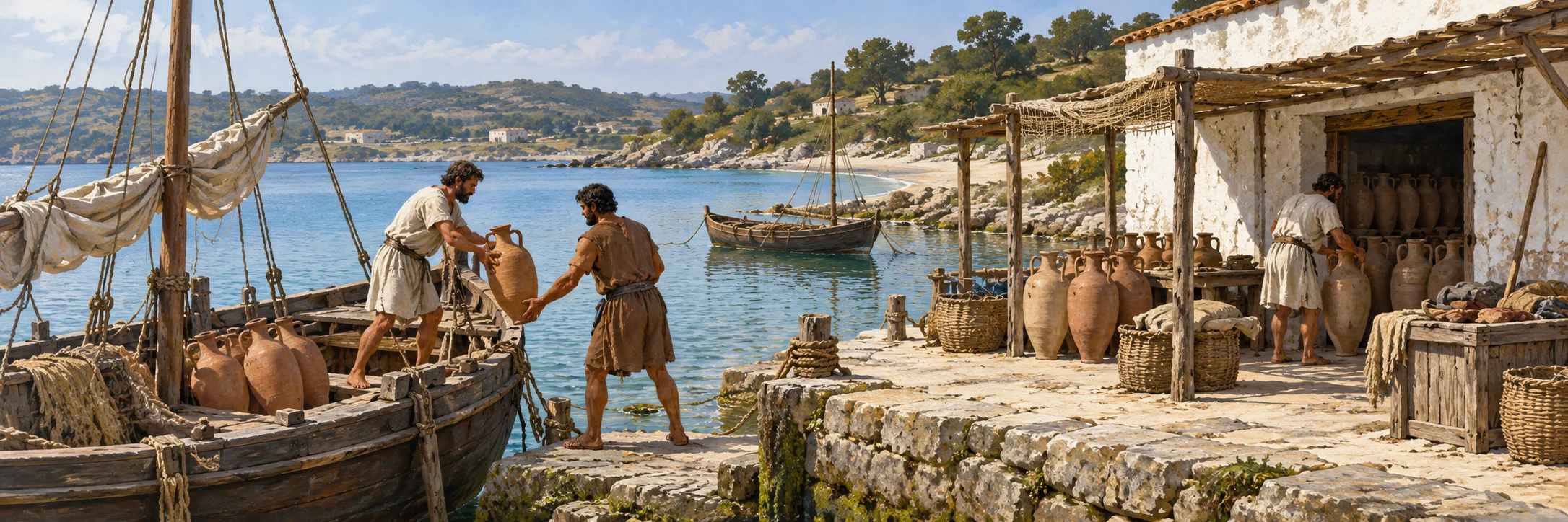 Interpretive scene of ancient harbour workers unloading pottery, without reconstructing Gadir
