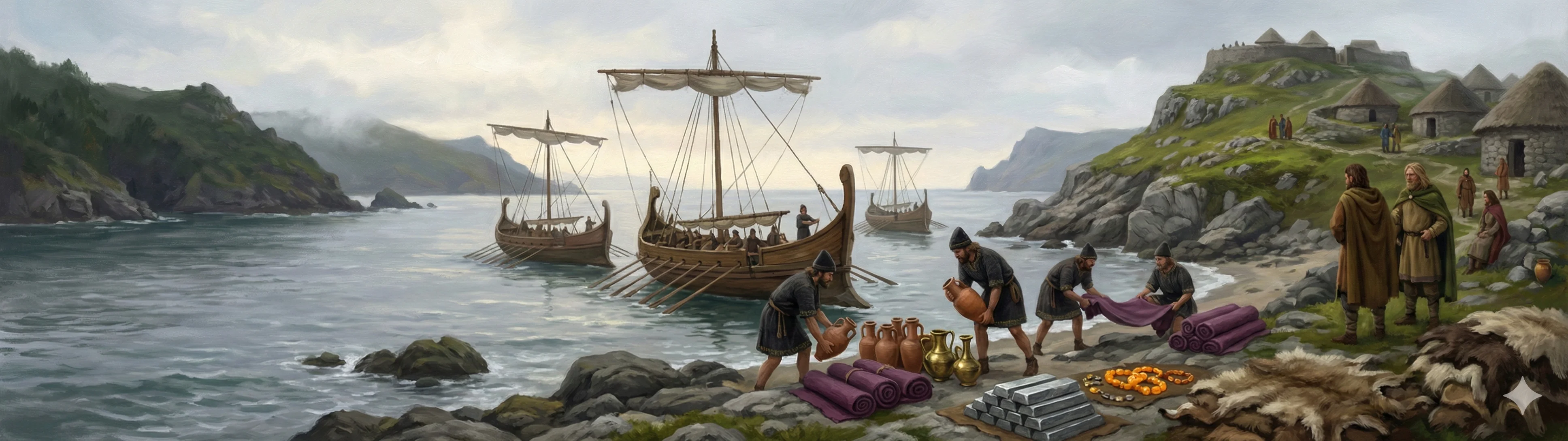 Phoenician merchant fleet arriving at a Galician ría with trade goods
