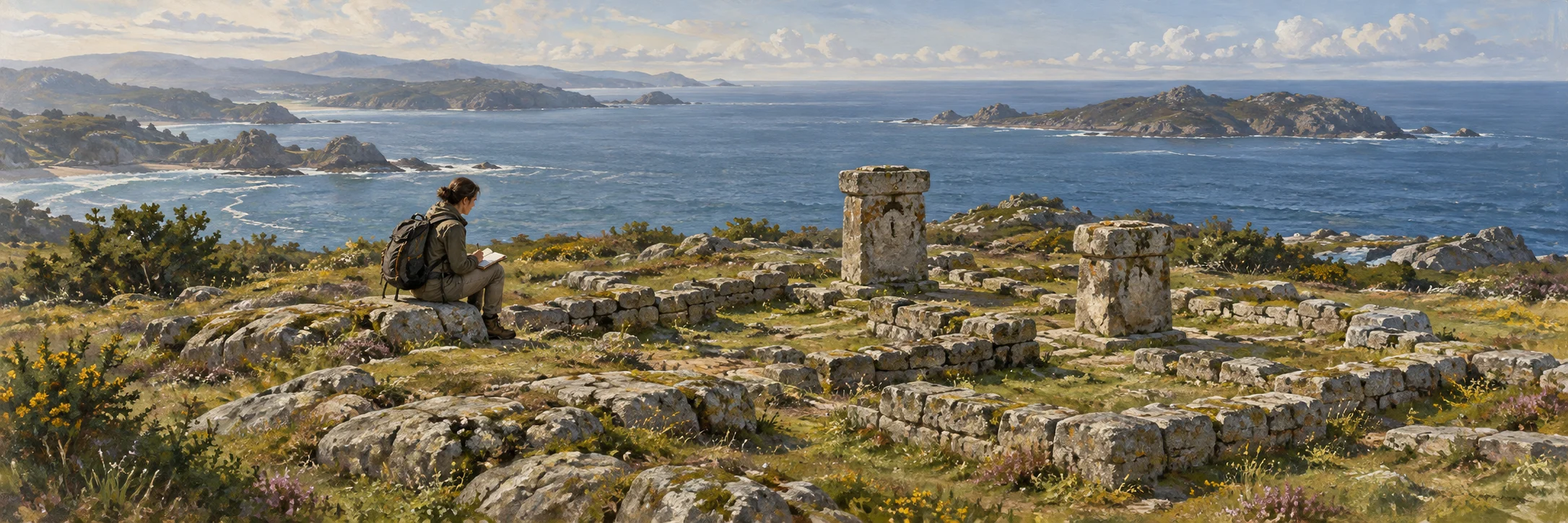 Interpretive present-day archaeological coastal landscape with generic stone votive altars