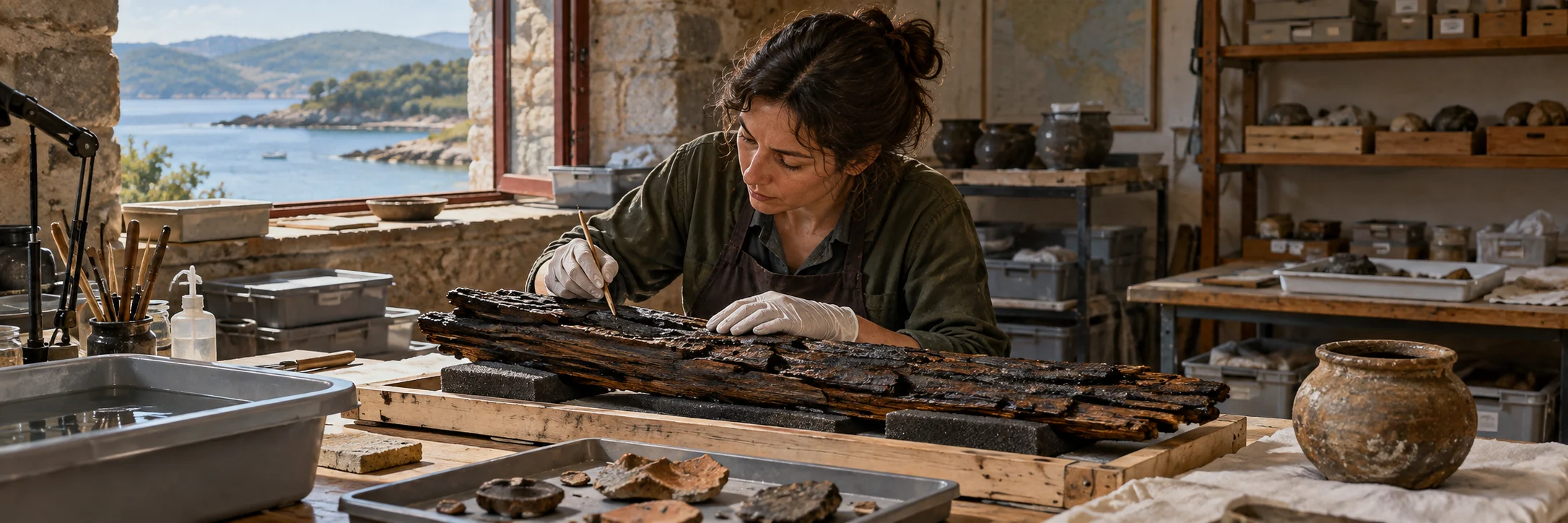 Interpretive scene of a conservator examining generic ship timbers and pottery fragments