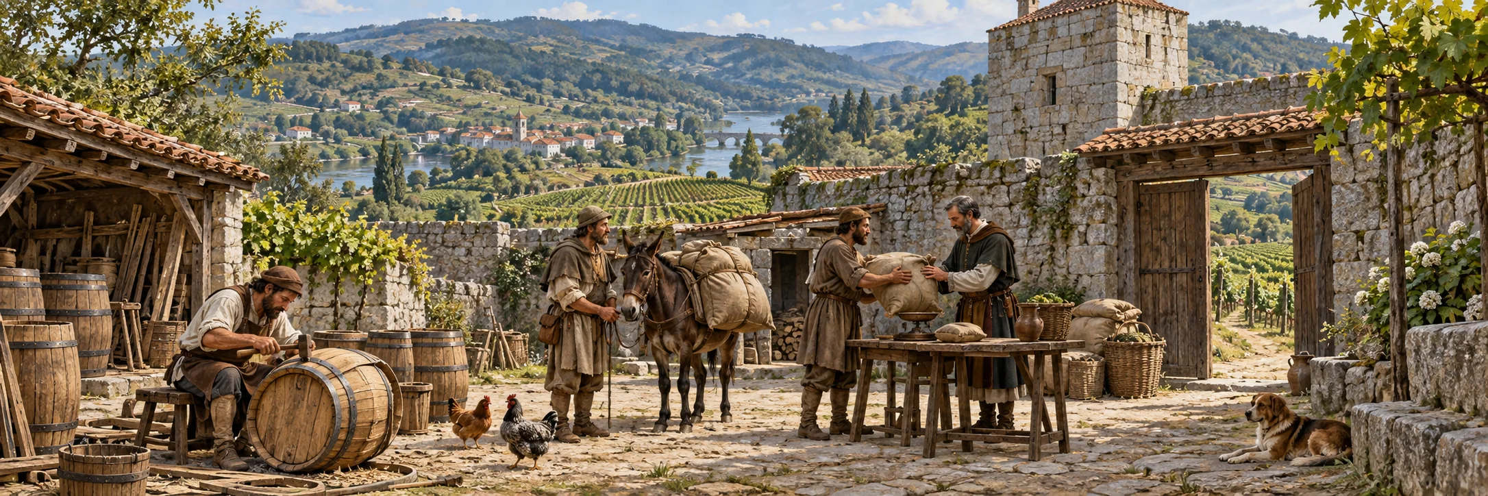 Imagined medieval fortified estate with a cooper, tenants and steward handling goods