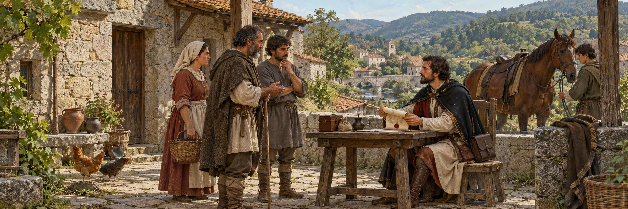 Imagined early medieval townspeople speaking with a travelling royal official in a modest courtyard