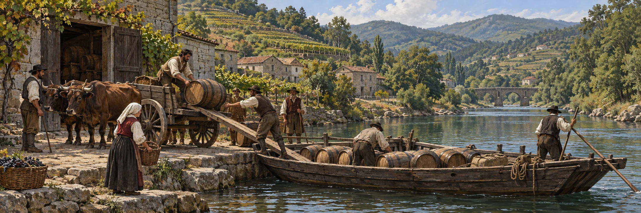 Imagined medieval Ribeiro merchants transporting wine barrels by cart and small river boat