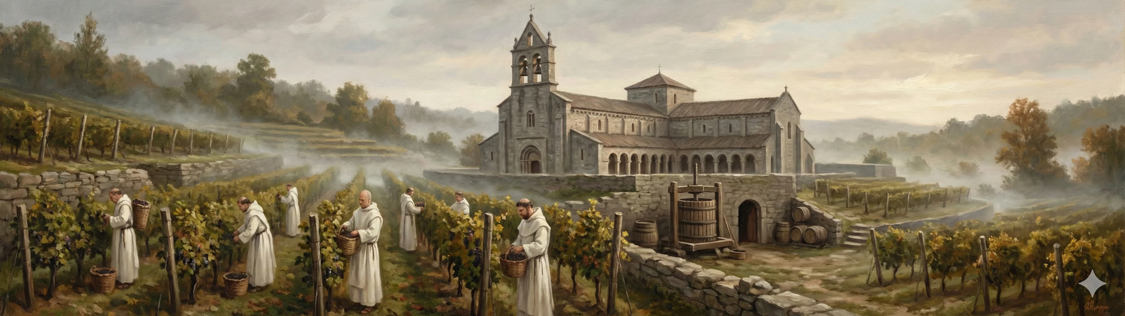 Cistercian monks harvesting grapes at a medieval monastery