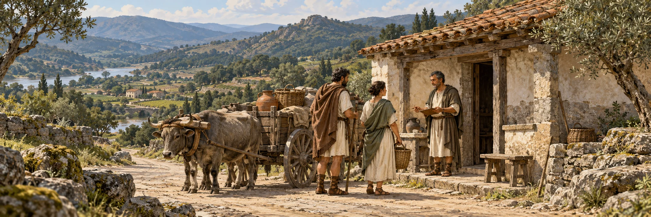 Interpretive scene of Roman-era travellers and a modest rural roadside post