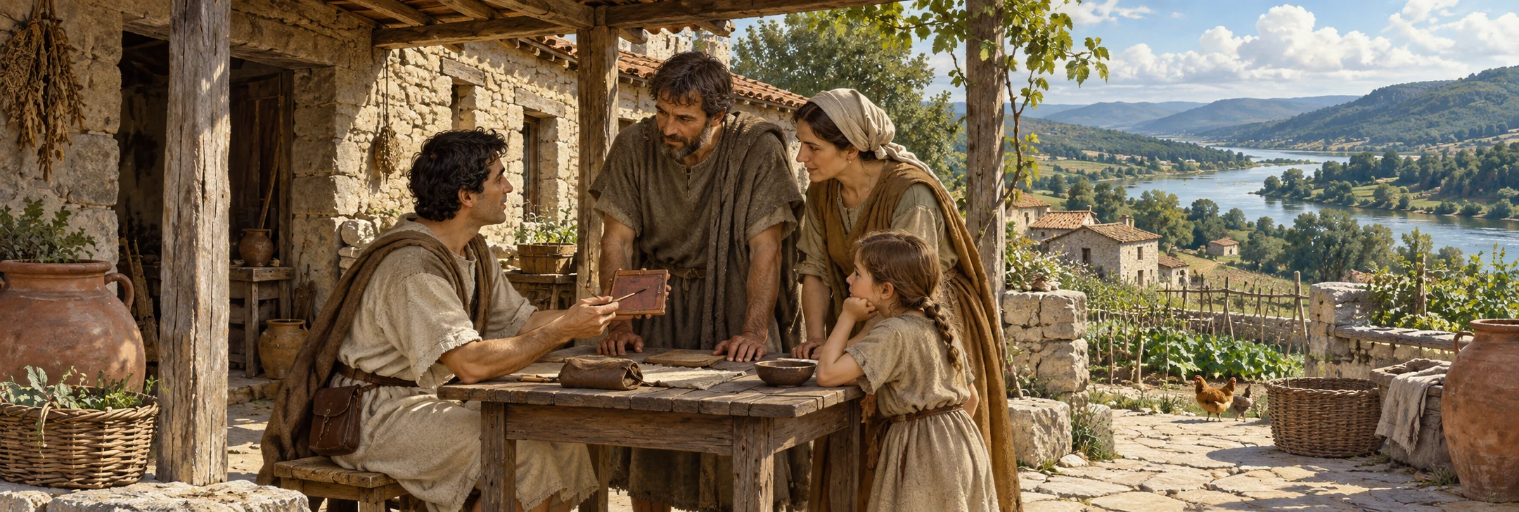 Interpretive scene of an anonymous clerk showing a wax tablet to a rural household in Roman-period Gallaecia