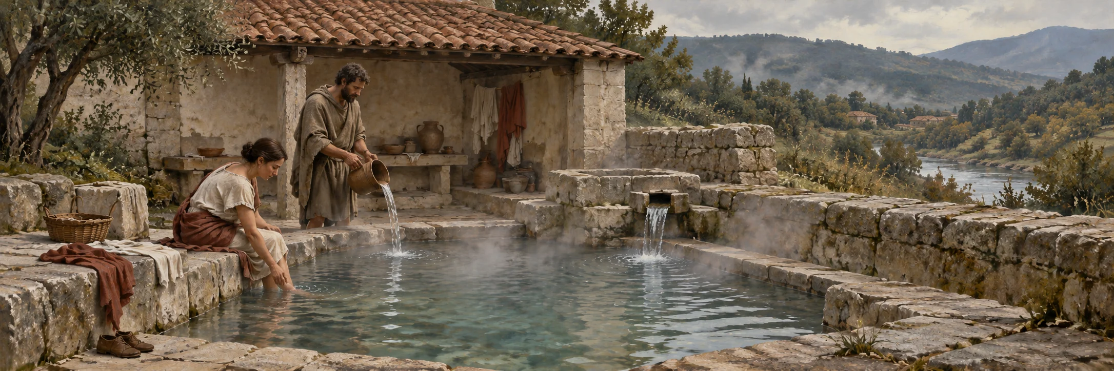 Imagined simple stone bathing pools beside natural thermal waters in an inland river valley